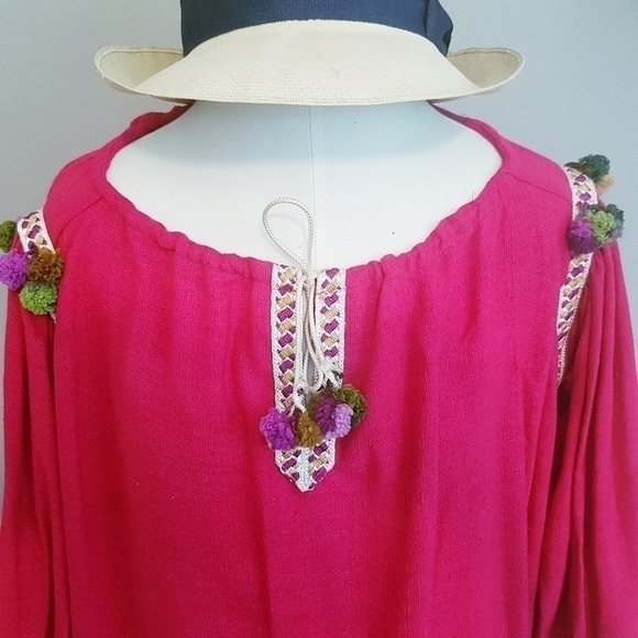 Handmade Pink Silk Ethnic Boho Pom Pom Tunic Dress - M - Picture 2 of 9